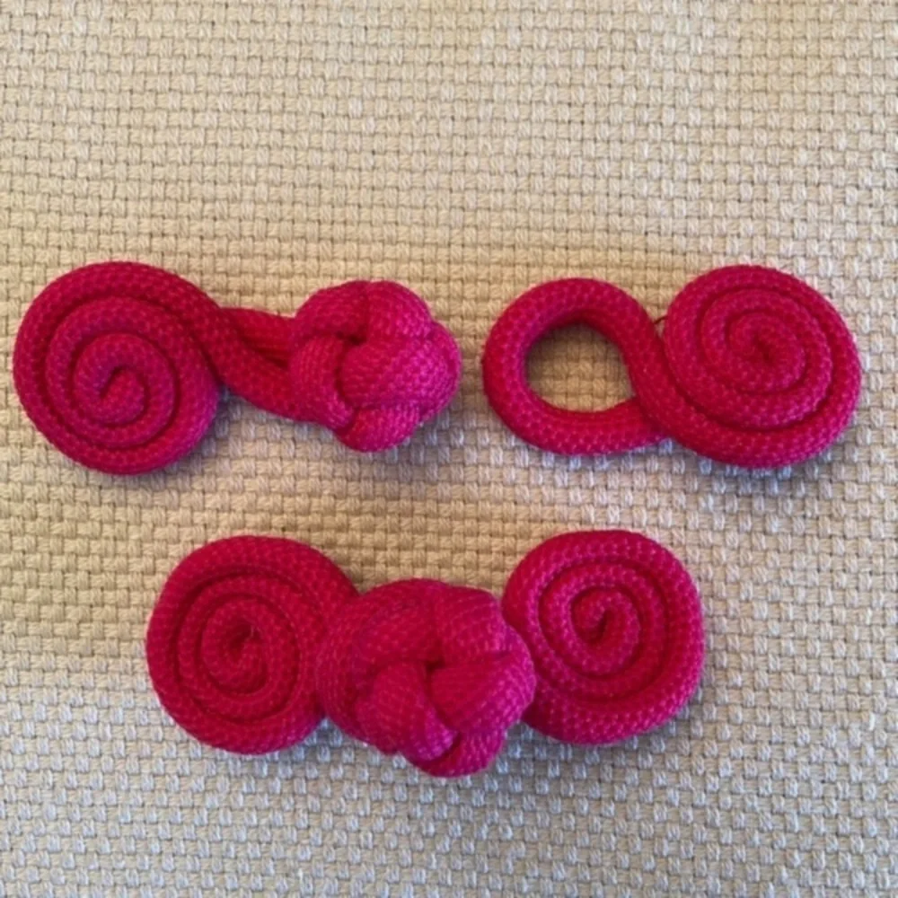 1980s 5 pairs of frog closures made from fuchsia pink cording, 3” long